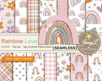 Rainbow Love SEAMLESS Digital Paper and Clouds Flower hearts Clipart, for Birthday, valentine Wedding and Scrapbooking Paper Party Theme