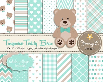 Turquoise Teddy Bear Digital papers, Teddy Bear clipart, Baby Shower, Baptism, Nursery, Scrapbooking Papers, Birthday, Blue Green and Brown