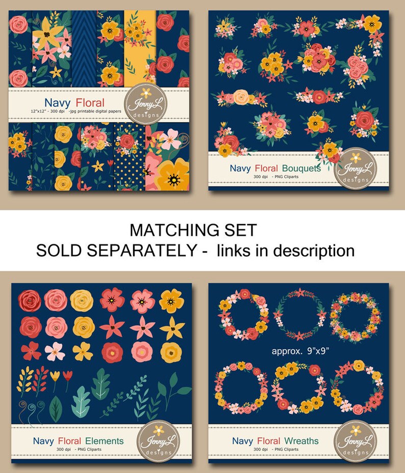 May include: A set of digital clipart featuring navy blue floral designs. The set includes floral patterns, bouquets, wreaths, and individual floral elements. The flowers are in shades of red, yellow, and pink. The text "Navy Floral" is included in the image.