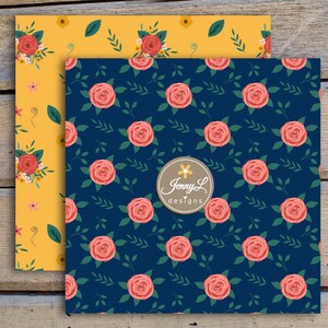 May include: Two seamless floral patterns, one with red roses on a navy blue background and the other with red roses and yellow flowers on a yellow background. The navy blue pattern includes the text "Jenny L. designs".