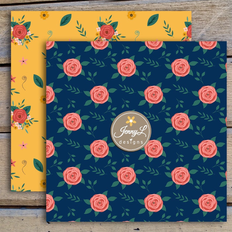 May include: Two seamless floral patterns, one with red roses on a navy blue background and the other with red roses and yellow flowers on a yellow background. The navy blue pattern includes the text "Jenny L. designs".