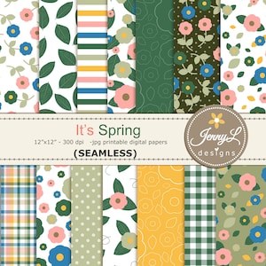 Papeles digitales imprimibles sin costuras de primavera, patrón repetido, papel de scrapbooking digital floral de verano, fondos para invitaciones, planificadores,