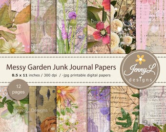 Papeles digitales para diarios basura con motivos florales y diseño vintage, desgastado, retro y sucio, con motivos de scrapbooking digital, tamaño carta