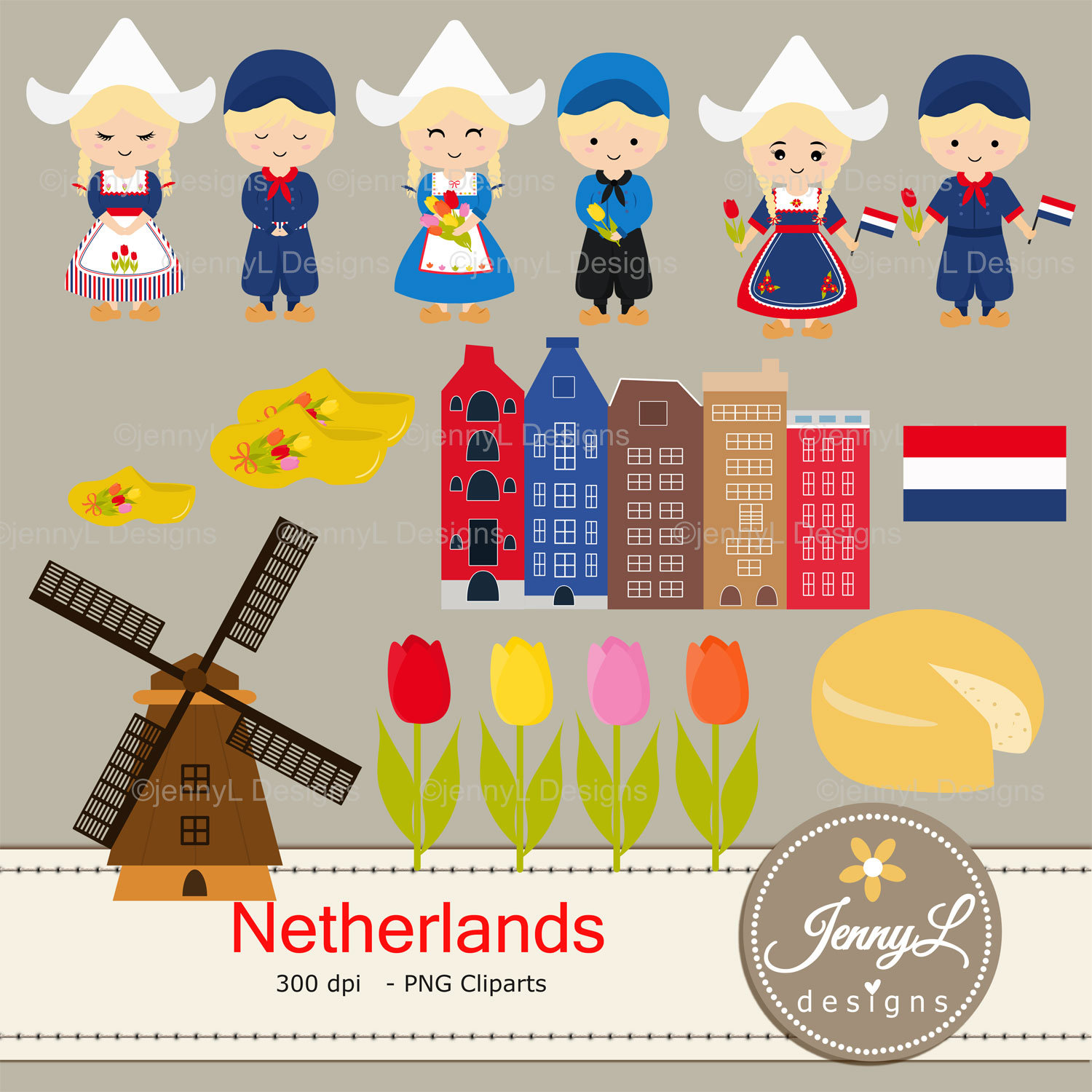 Netherlands Digital Papers and Windmill Clipart, Clogs