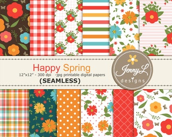 Papeles digitales imprimibles sin costuras de feliz primavera, patrón repetido, papel de álbum de recortes digital floral de verano, fondos para invitaciones,