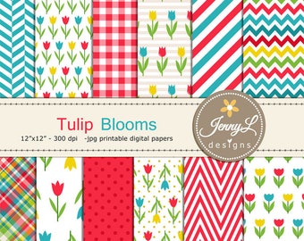 Spring Tulip Flower Digital Papers, Summer Floral Paper for Mother's Day, Scrapbooking, Planner, Anniversaire