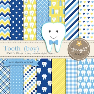 Tooth Boy Digital Paper and Clipart, Dental Care, Teeth, Toothpaste, Toothbrush for Baby Shower, Birthday  and Scrapbooking Paper Party