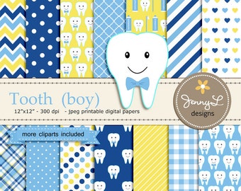 Tooth Boy Digital Paper and Clipart, Dental Care, Teeth, Toothpaste, Toothbrush for Baby Shower, Birthday  and Scrapbooking Paper Party