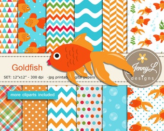 Goldfish Digital Papers and Clipart SET, Gold fish, animal for Birthday, Digital Scrapbooking, Invitation, Planners