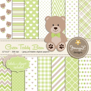 Orsacchiotto verde Carte digitali, Teddy Bear clipart, Baby Shower, Battesimo, Nursery, Scrapbooking Papers, Compleanno, Baby Boy, Verde e Marrone