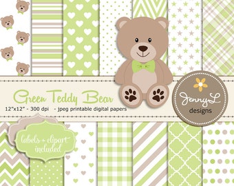 Green Teddy Bear Digital papers, Teddy Bear clipart, Baby Shower, Baptism, Nursery, Scrapbooking Papers, Birthday, Baby Boy, Green and Brown