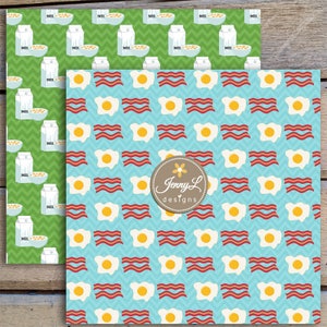 Breakfast Digital papers and Clipart SET, American Food, Coffee, Waffle, Milk, Bacon, Egg for Birthday, Digital Scrapbooking, Planner image 4