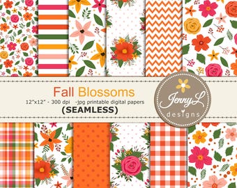 Fall Floral SEAMLESS Printable Digital Papers, Flower Blossoms , Repeat pattern for Scrapbooking, Autumn Invitations