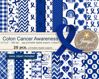Colon / Colorectal Cancer Awareness Digital Papers, Dark Blue Ribbon Clipart for Digital Scrapbooking, posters, invitations, stickers