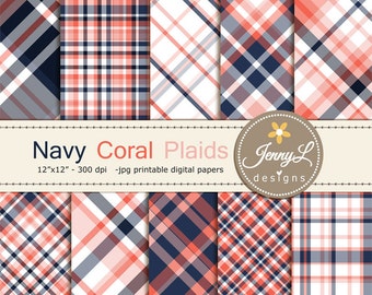Coral Navy Plaids digital paper,  Navy Blue for Digital scrapbooking, invitations, birthday, wedding, Planners