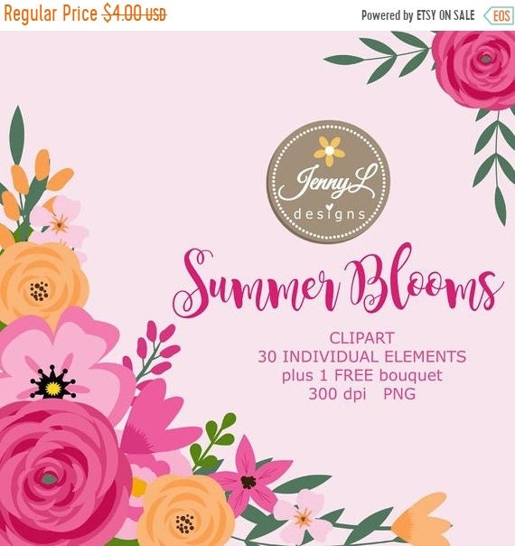 40% OFF Summer Flower Elements Clipart, Pink Wedding Flowers, Shabby Flower, Floral Leaves for digital Scrapbooking, Wedding, Invitation Il_570xn