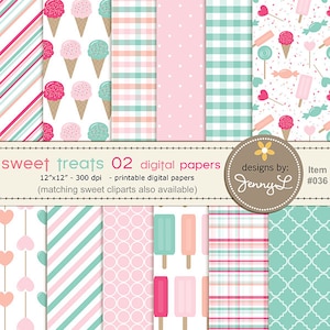 Helado, Pastel, Papeles Digitales de Fiesta de Cumpleaños de Piruleta, Dulces Scrapbooking Digital, Tarjetas Temáticas Rosas y Verdes, Invitaciones, Etiquetas