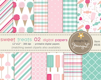 Ice Cream, Cake, Lollipop Birthday Party Digital Papers, Sweets Digital Scrapbooking, Pink and Green Theme Cards, Invitations, Labels