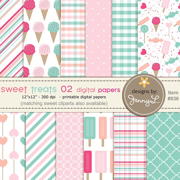 Ice Cream, Cake, Lollipop Birthday Party Digital Papers, Sweets Digital Scrapbooking, Pink and Green Theme Cards, Invitations, Labels