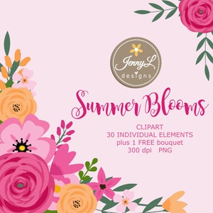 Summer Flower Elements Clipart, Pink Wedding Flowers, Shabby Flower, Floral Leaves for digital Scrapbooking, Wedding, Invitation