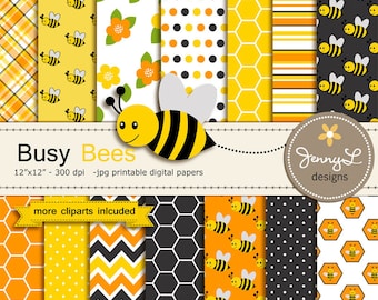 Bee Digital papers and Clipart SET, Bumble Bees, Honeycomb, Beehive, Baby Shower, Birthday Scrapbooking Paper Party Theme,