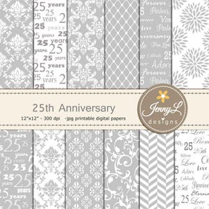 Documenti digitali per matrimonio del 25° anniversario, romanticismo, matrimonio grigio argento per scrapbooking digitale, inviti e pianificatore