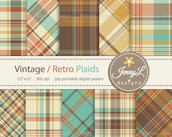 Retro Vintage Plaids Digital Papers, Background Papers, Scrapbooking Paper,