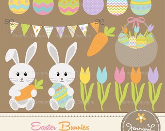 Easter Bunnies Clipart, Easter eggs, Carrot, Tulip flowers, Bunting, garland, Easter basket