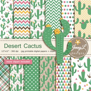 Clipart et papier numérique Cactus du désert, plante pour anniversaire, baby shower, mariage et thème de fête papier scrapbooking,
