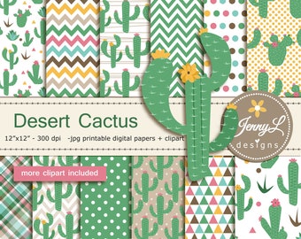 Papel digital y clipart de cactus del desierto, planta para cumpleaños, baby shower, bodas y fiestas de papel con tema de álbumes de recortes.