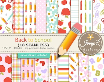 Fondo de papel digital sin costuras para el regreso a clases, lápiz, manzana, crayones, bolígrafos de colores, cinta de coqueta, clipart para scrapbooking digital.
