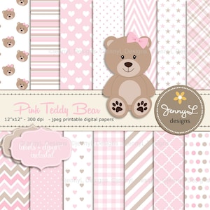 Papiers numériques rose ours en peluche, clipart ours en peluche, baby shower fille, baptême, chambre de bébé, papiers de scrapbooking, anniversaire, rose et marron