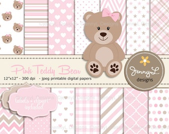 Papeles digitales de oso de peluche rosa, imágenes prediseñadas de oso de peluche, baby shower de niña, bautismo, guardería, papeles de scrapbooking, cumpleaños, rosa y marrón
