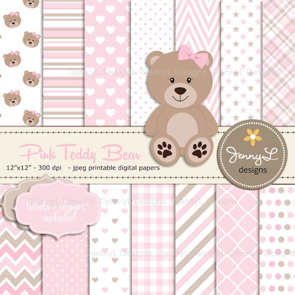 Pink Teddy Bear Digital papers, Teddy Bear clipart, Girl Baby Shower, Baptism, Nursery, Scrapbooking Papers, Birthday, Pink and Brown