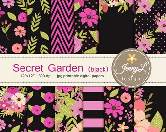 Black Floral digital paper, Pink Wedding Flower Paper Digital scrapbooking, invitations, birthday, wedding, Planners