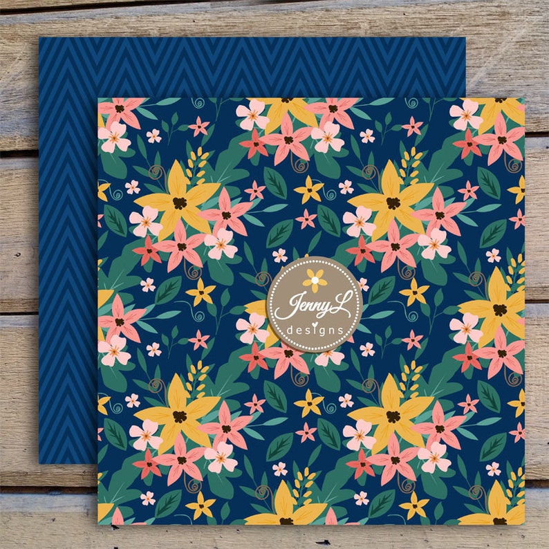 May include: A seamless pattern featuring yellow, pink, and coral flowers on a dark blue background. The pattern is surrounded by a dark blue chevron pattern. The text "Jenny L designs" is in a circle in the center of the pattern.