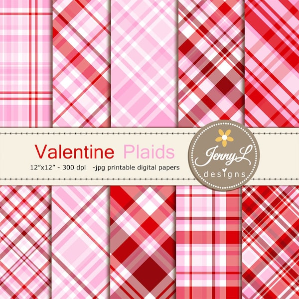 Valentine Plaids Digital Papers, Valentine's Day, Red and Pink Holiday Digital ScrapbookingPaper,