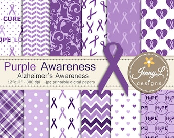 Alzheimer's Disease Awareness Digital Papers, Purple Ribbon Digital Papers, heart, hope, love