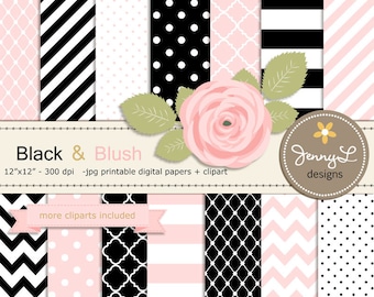 Papel digital negro y rosado, imágenes prediseñadas de flor rosa azulada para la boda, ducha de bebé nupcial, cumpleaños, scrapbooking digital, invita