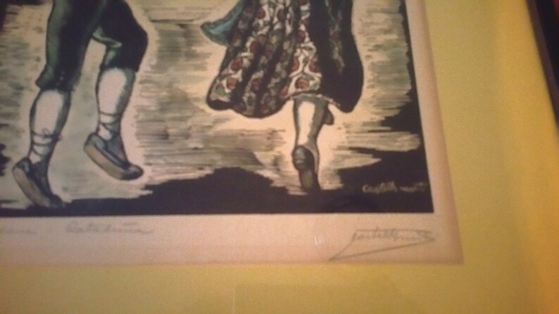 framedmatted RARE 1940/'s Original Juan Castells Marti Signed woodcut color engraving
