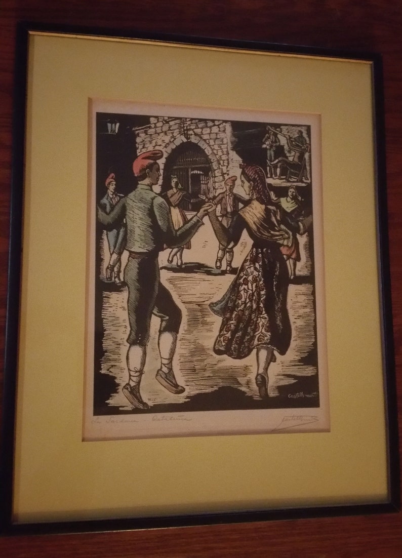 framedmatted RARE 1940/'s Original Juan Castells Marti Signed woodcut color engraving