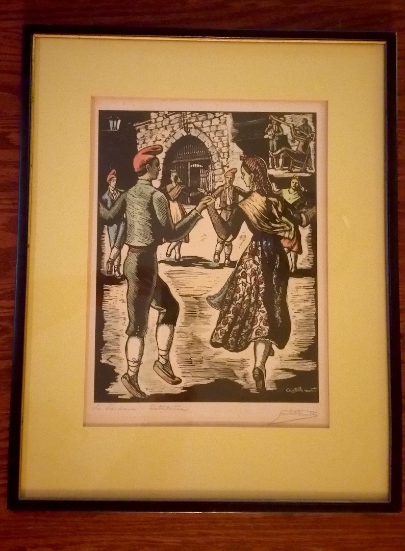 framedmatted RARE 1940/'s Original Juan Castells Marti Signed woodcut color engraving