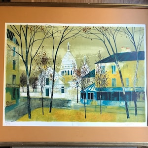 Yves Ganne signed/numbered stone litho Parisian scene &quot;Place du Tertre, Montmartre&quot; Mid-Century Modern Framed