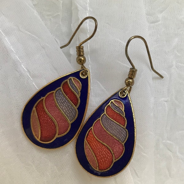 Vintage cloisonne deco drop oval earrings dark blue background with grey, copper and red accents
