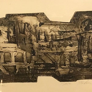 May include: Black and white abstract print of a building with a textured surface. The print is titled "11/25" and signed "Esther Lee".