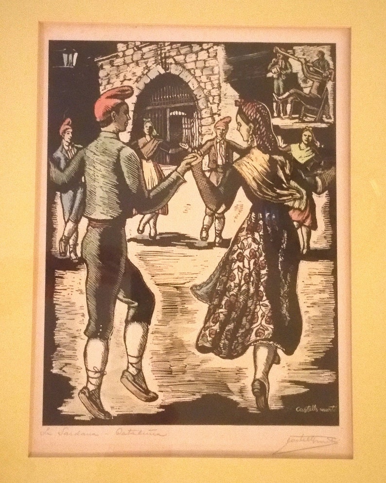 framedmatted RARE 1940/'s Original Juan Castells Marti Signed woodcut color engraving