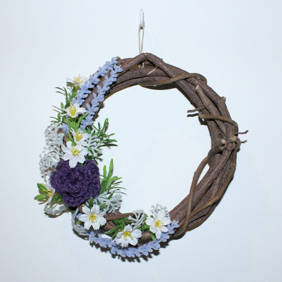 Lavender Purple And White Crochet And Silk Flowers Mini Wreath Gallery Wall Decor Living Room Decor Bedroom Decor
