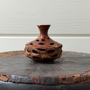 May include: A handcrafted, brown, decorative vase with a unique, textured design. The vase features numerous oval-shaped openings and a flared top. The vase is made of a natural material and sits on a dark, wooden surface.