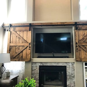 Custom TV barn doors w/Hardware - Sliding TV Shutter Package - British Brace TV Cover - Barn Door Cover