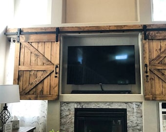 Custom TV barn doors w/Hardware - Sliding TV Shutter Package - British Brace TV Cover - Barn Door Cover